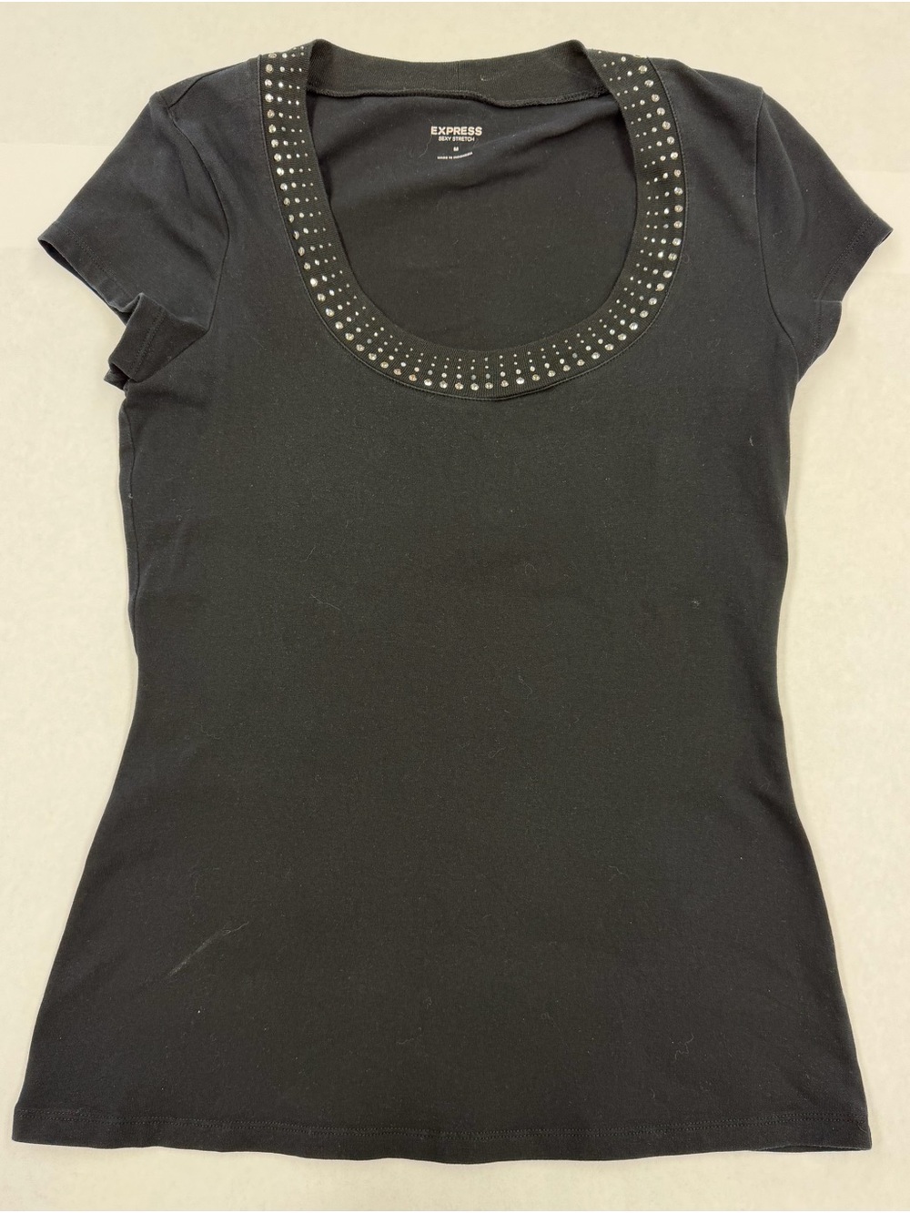 Express Black Short-Sleeve Scoop Neck Tee with Studded Trim